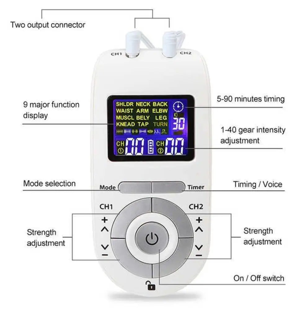 Advanced Wireless TENS EMS Muscle Stimulator | Dual Channel, 12 Modes, 40 Intensity Levels - Rayihni