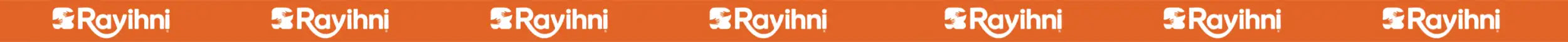 Orange background with repeating white ’rayihni’ logo text.slider_item_YF4AjY
