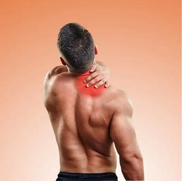 A muscular man with short dark hair, seen from behind, has his right hand placed on his neck where a red glow highlights the area.
